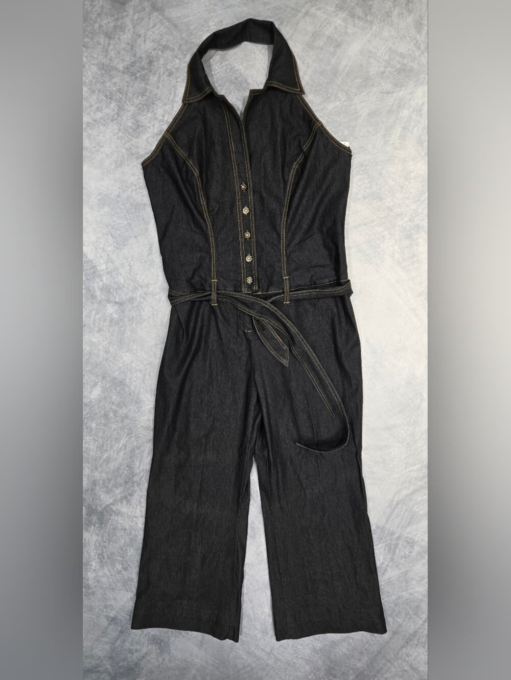 vintage Y2K Bisou Bisou dark wash denim halter jumpsuit